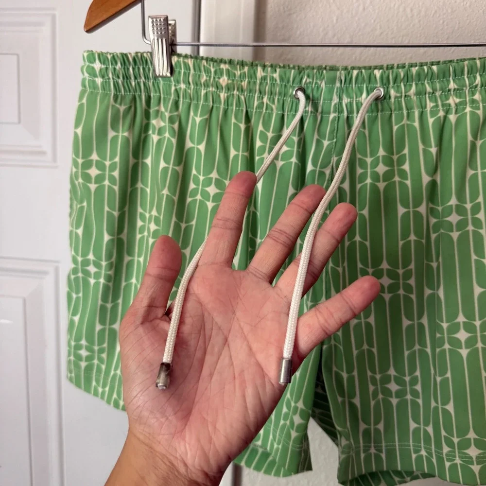 MR. TURK green white printed drawstring pull on swim trunks shorts